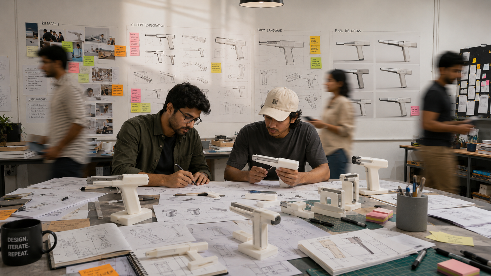 Our studio floor — concrete, pendant lights, and a lot of foam dust